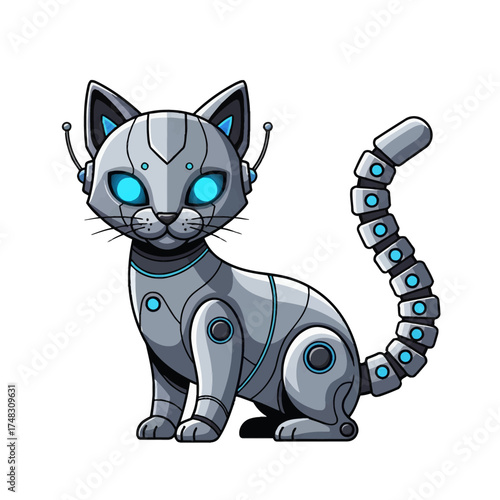Sleek metallic robotic cat illustration with bright blue glowing eyes, showcasing advanced AI and mechanical design, ideal for technology, pet, or futuristic themes