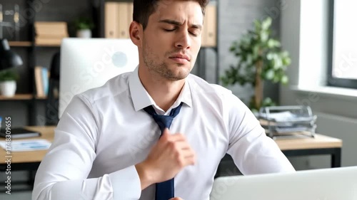 Stressed Businessman Loosening Tie at Desk Deadline Pressure, Overwork, and Office Fatigue