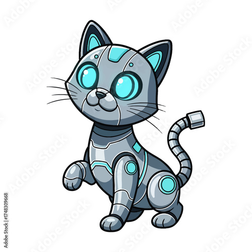 An adorable robotic cat with glowing blue eyes, depicted in a cute cartoon style. This futuristic cyborg kitten is a playful character illustration