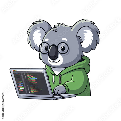 Koala Coder A Cartoon Koala Working on a Laptop, Writing Code, Ideal for Software Development
