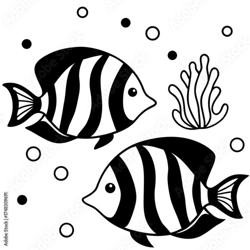 Two cute cartoon striped angelfish swimming in clear water with bubbles and seaweed illustration