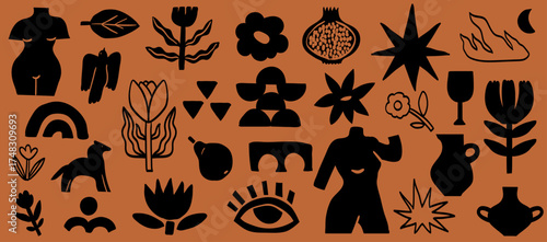 Naive organic shapes hand drawn collection. Vintage cut out doodle elements. Trendy shape silhouette, simple abstract form like star, flower, body part, bird, flame vector set for branding and print.