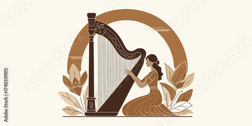 Elegant illustration of a woman gracefully playing a classical harp