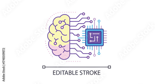 Vector illustration of artificial intelligence brain connected to a computer processor chip with circuit board elements