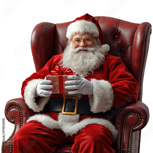 (AI) Santa claus with stack of christmas presents on transparent background