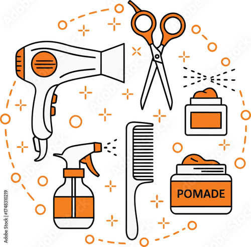 Stylized hair salon tools and products arranged to create a beauty and style lifestyle scene