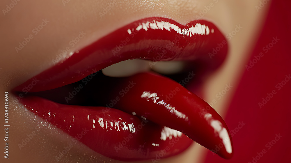Obraz premium Glossy red lips biting a chili pepper against a red background. A daring and spicy close-up, blending beauty with a hint of heat.