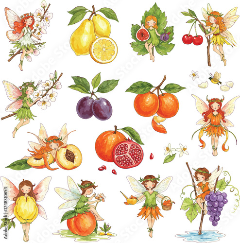 Whimsical fruit fairies watercolor illustration pattern