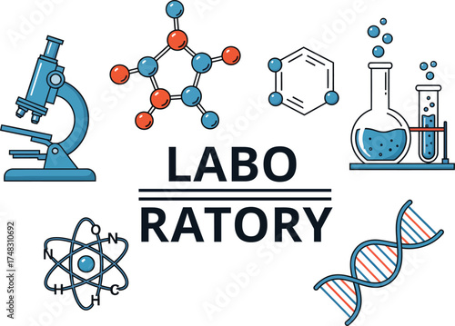 Explore science and lab equipment including dna atom molecule microscope and glassware in laboratory