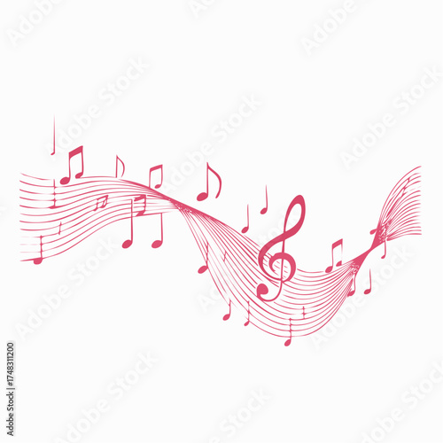 A flowing musical staff with red notes and a treble clef, creating an elegant and artistic representation of music.