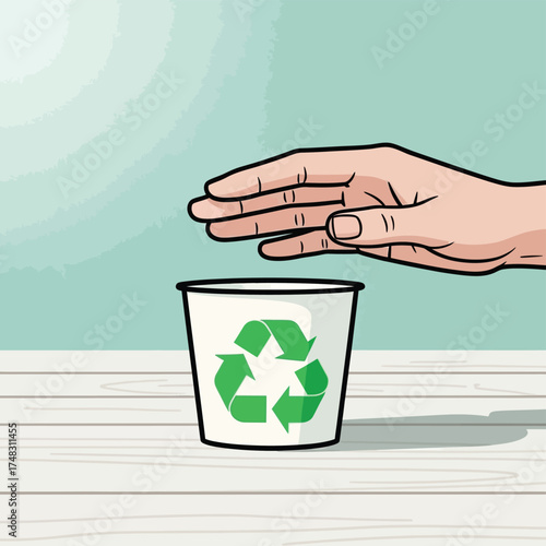 Hand stacking wooden blocks building a tower with a green sprout growing from earth