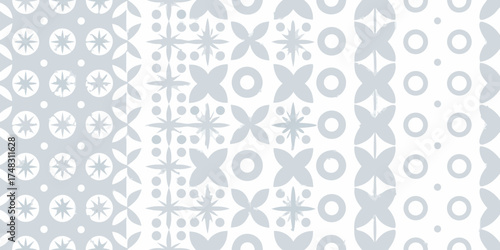 Collection of seamless geometric patterns with a vintage distressed texture in light blue and white