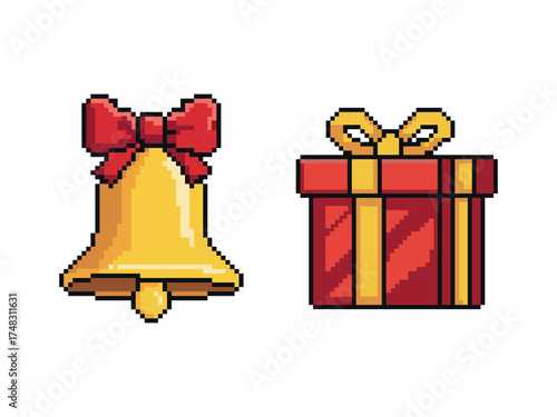 An illustration of two Christmas-themed pixel art icons on a white background. The first icon features a golden bell with a red ribbon at the top, while the second features a red gift box with a neatl