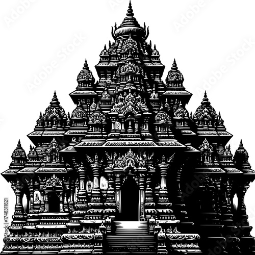 Majestic Architectural Wonder: An intricate depiction of a traditional temple, exuding a sense of historical grandeur and spiritual significance.