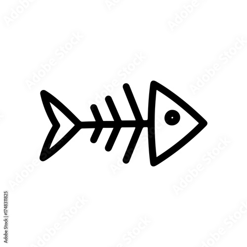 Stylized Black Outline Fish Skeleton Design on White Background