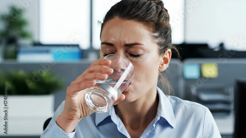 Stay Hydrated Businesswoman Refreshing with Water at Her Desk, Balancing Workplace Stress with Hydration and Healthy Habits