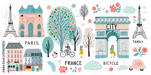 Charming parisian scene with iconic landmarks people and nature elements