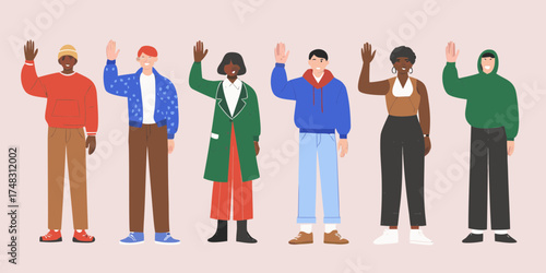 Diverse group of people waving hello in a friendly greeting illustration