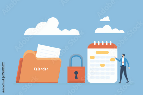 Man interacting with a calendar and folder with a lock symbolizing security and organization