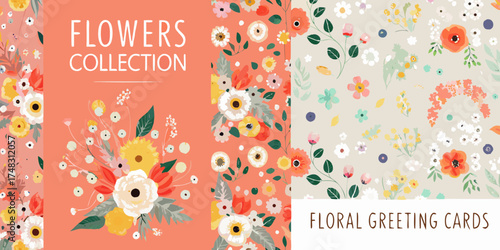 Beautiful floral collection with various flower arrangements and patterns for greeting cards
