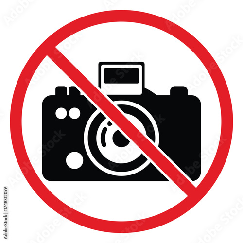 No Photography and No Camera Allowed Sign Vector – Red Circle Camera Icon, Prohibited Recording and Flash Warning Symbol Illustration