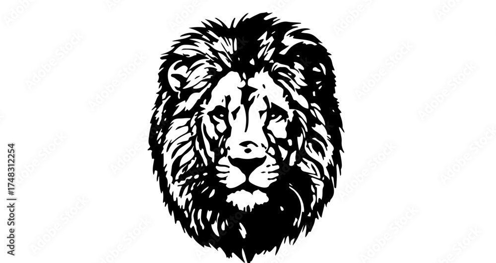 Fototapeta premium A majestic lion head with a full mane depicted in a bold black and white graphic illustration style