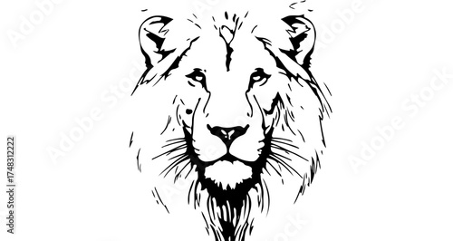 Illustration of a lion's head with detailed mane and facial features in black and white drawing style