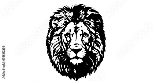A majestic lion head with a full mane depicted in a bold black and white graphic illustration style