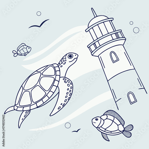 Illustration of a sea turtle swimming near a lighthouse with fish and birds in a light blue setting