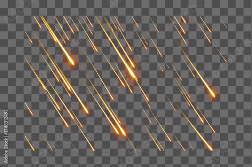 Fiery meteor rain with glowing red and yellow streaks isolated transparent background PNG