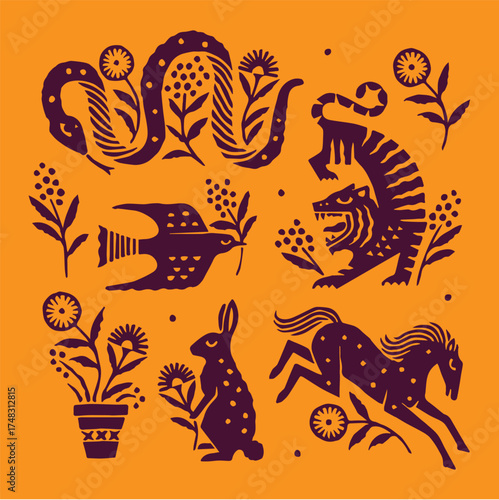 folk design illustration bird hawk flower floral tiger snake serpent rabbit hare bunny horse swallow eagle traditional sunflower