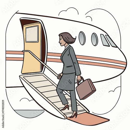 Businesswoman descending airplane stairs with briefcase in hand on a cloudy day travel scene depicted