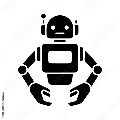 Minimalist Black Robot Icon with Rounded Shapes on White Background