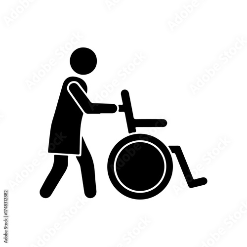 Black Silhouette Icon of Person Pushing Wheelchair on White Background