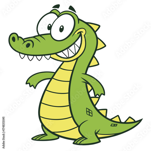 Cartoon alligator with big eyes and a wide smile standing up on two legs with arms out looking happy