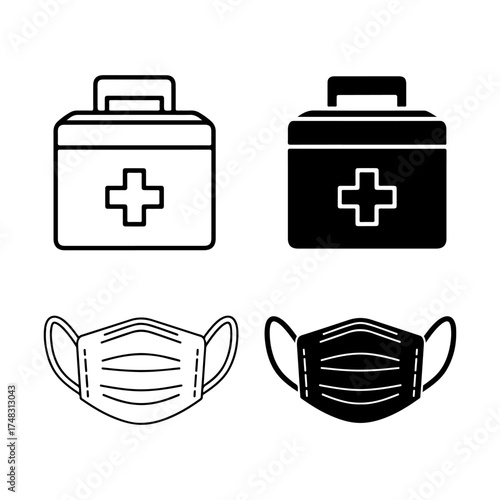 Medical Health Icons Set: Outline and Solid First Aid Kit, Face Masks