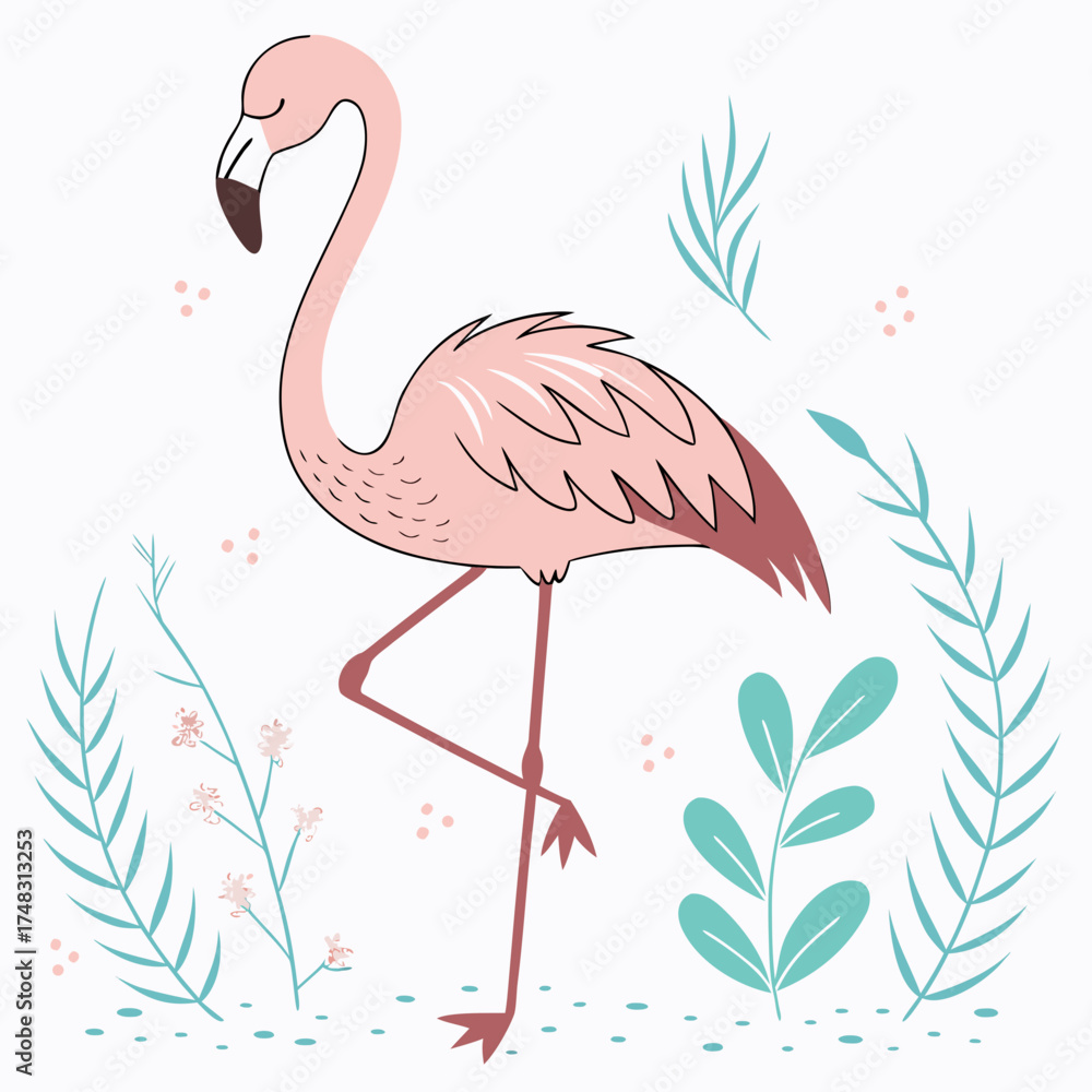 Naklejka premium Illustration of a pink flamingo standing on one leg surrounded by plants and small flowers