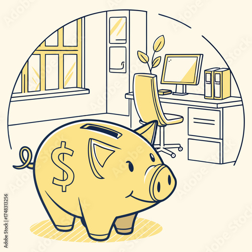 Yellow piggy bank with dollar sign in an office setting with desk and computer illustration style image