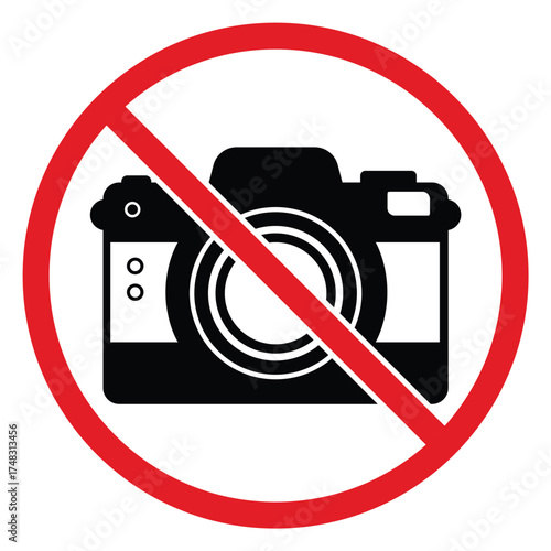 No Photography and No Camera Allowed Sign Vector – Red Circle Camera Icon, Prohibited Recording and Flash Warning Symbol Illustration