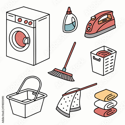 Illustration of laundry appliances and cleaning supplies including washing machine and iron board set