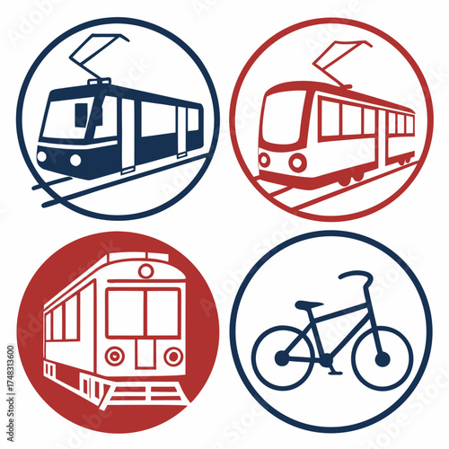 Illustration showing different modes of transportation including trains and a bicycle icon design