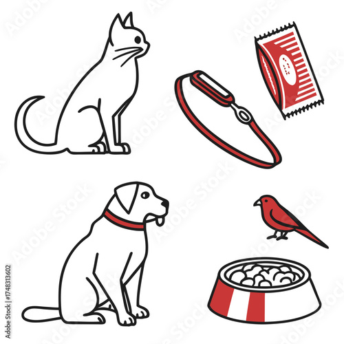 Illustration of a cat, dog, bird, leash, food, and food bowl in a simple and outlined style