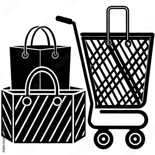 Illustration of two shopping bags and a shopping cart in black and white outline style design element