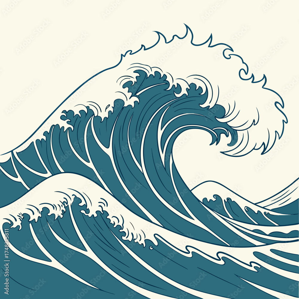 Obraz premium Illustration of large ocean waves with white crests and blue bodies against a light cream background