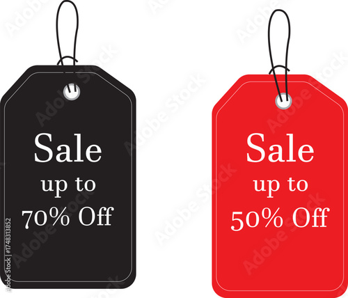 Red and black hanging sale tags with up to 70 and 50 percent discount offers