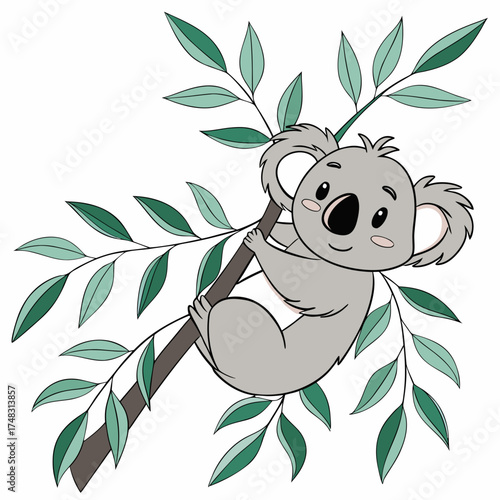 Cute cartoon koala clinging to a eucalyptus branch with green leaves in a cheerful illustration style