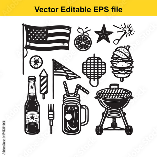 Vector art of set of graphic elements for american independence day celebration, featuring bbq grill, drinks, fireworks, and us flags