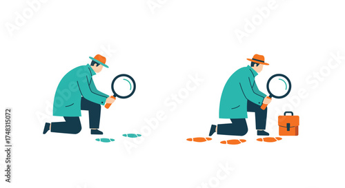 Detective investigating footprints with a magnifying glass a scene of detection