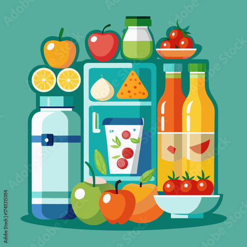 Healthy fridge filled with fresh fruits vegetables drinks and food items vector illustration