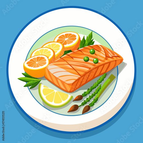 Healthy salmon fillet with asparagus and lemon slices delicious food illustration